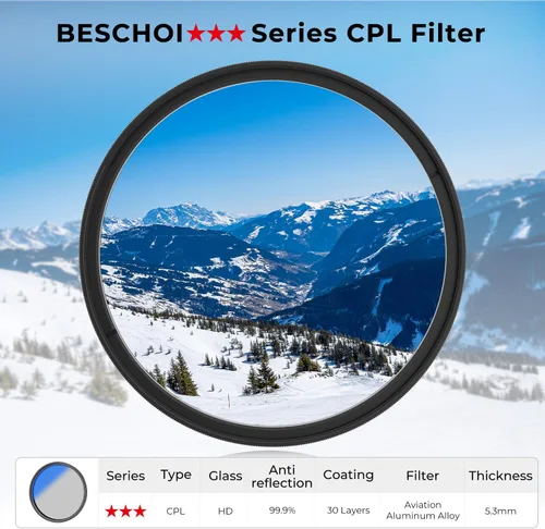 Vista 7 de Beschoi Filtro polarizador de 1.457 in, filtro polarizador circular multicapa de 30 capas con revestimiento nano multicapa (CPL) con vidrio óptico