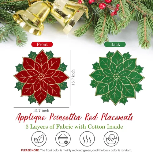 Vista 2 de Breling Juego de 6 Manteles Individuales de Navidad de Poinsettia de 16 Pulgadas Redondos Rojos y Verdes con Flores de Poinsettia, Manteles de Mesa