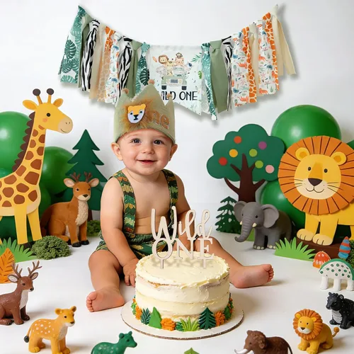 Vista 5 de Wild One - Decoración de cumpleaños para niño de la primera silla alta para 1 año Verde Uno