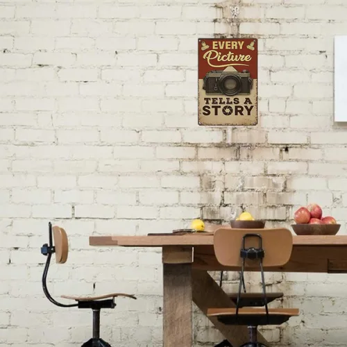 Vista 5 de Póster vintage de metal inspirador para pared, diseño con texto en inglés "Every Picture Tells A Story", letrero de metal para cámara vintage