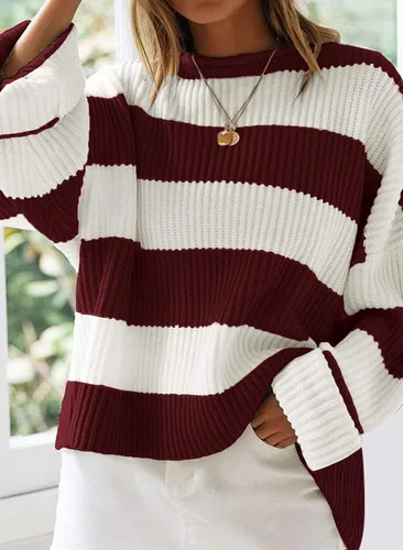 Vista 2 de ZESICA Suéter de punto de manga larga para mujer, cuello redondo, a rayas, bloque de color, cómodo, holgado, de gran tamaño, para otoño 2024