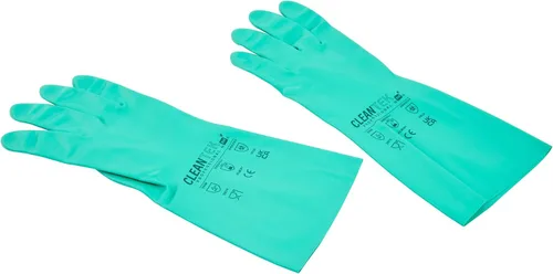 Vista 17 de Restaurantware Guantes de limpieza verdes, 10 pares de guantes de nitrilo de 15 mil de grosor, pequeños y resistentes con puño largo, forro