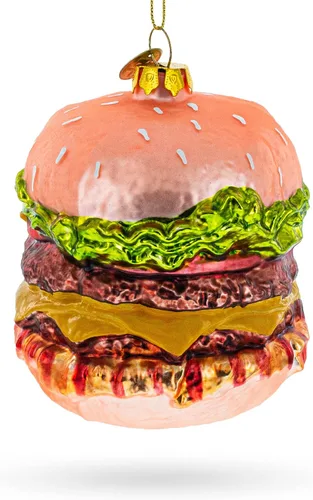 Vista 6 de Adorno navideño de vidrio soplado de hamburguesa con queso doble