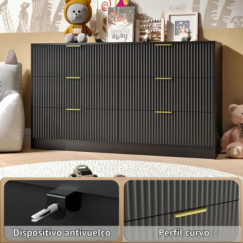 Vista 4 de Cómoda negra con 6 cajones profundos, cómoda acanalada de 55" de ancho para dormitorio con tirador dorado, cómoda moderna para armario, dormitorio
