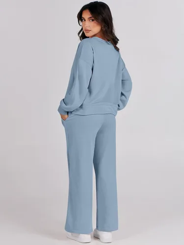 Vista 5 de ANRABESS Conjunto de dos piezas para mujer, conjunto de manga larga con cuello en V y pantalones de pierna ancha