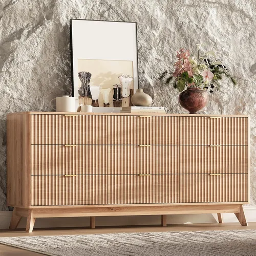 Vista 4 de Cómoda acanalada con 9 cajones de 63 pulgadas de ancho para dormitorio, borde curvado, roble Wooden Closet Organizer for Bedroom,Fluted Dresser with