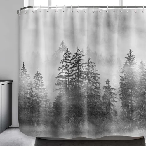 Vista 14 de Cortina de ducha estrecha para hombre, diseño de bosque negro y gris, para casa rodante, juego de decoración de baño, tela impermeable con ganchos