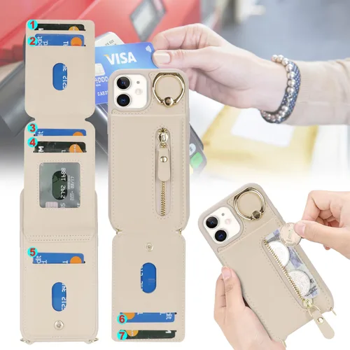Vista 3 de Funda para iPhone 12 con tarjetero para mujer, para iPhone 12 Pro, funda para teléfono con correa, ranuras para tarjetas de crédito, bandolera