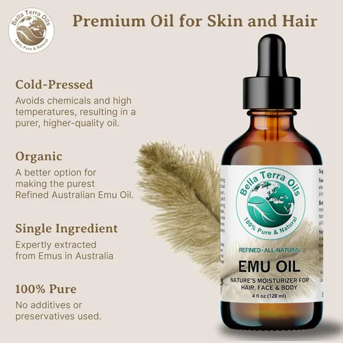 Vista 8 de Bella Terra Oils - Aceite de emú 4 oz - Emu australiano puro genuino, infundido con ácido linoleico y oleico, compañero perfecto para una piel