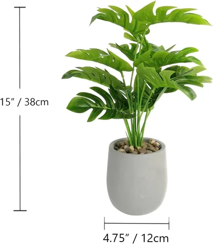 Vista 2 de Birsppy Tuokor - Plantas artificiales pequeñas de 15 pulgadas, hoja verde palmera en macetas de cemento para interiores y exteriores, plantas falsas