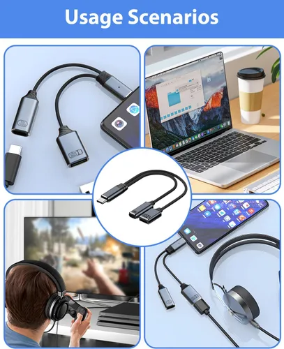 Vista 6 de Adaptador USB C a USB OTG, divisor USB-C 2 en 1 con puerto de carga rápida PD de 100 W y puerto USB hembra compatible con iPhone 16/15, iPad
