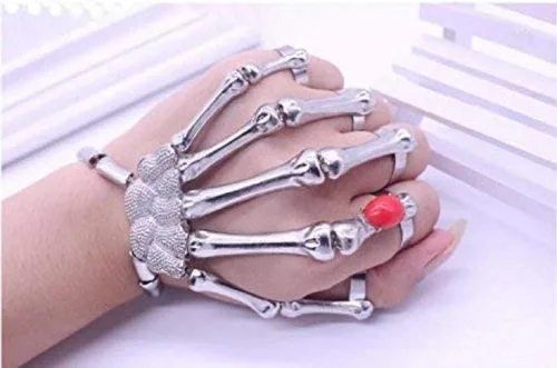 Vista 5 de Lingduan Anillo de pulsera de esqueleto de metal con dedos de calavera gótica para Halloween, moda para mujer, cadena de mano, aleación