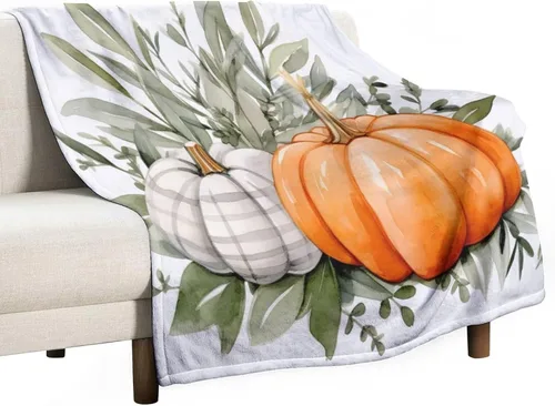 Vista 36 de Manta de lana cuadriculada con diseño de calabaza, hojas de arce, Acción de Gracias, manta de cama para otoño, Acción de Gracias, ligera, súper
