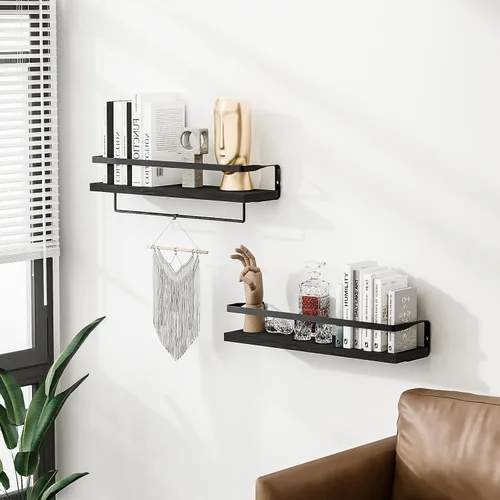 Vista 7 de Estantes de baño con toallero, estantes flotantes para baño, cocina, dormitorio, madera de paulownia, marco de metal negro mate, juego de 2