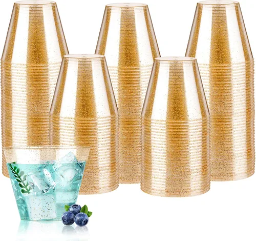 Vista 16 de Goodluck 50 vasos de plástico con purpurina dorada de 10 onzas, vasos desechables con purpurina, elegantes vasos de cóctel de plástico, vasos