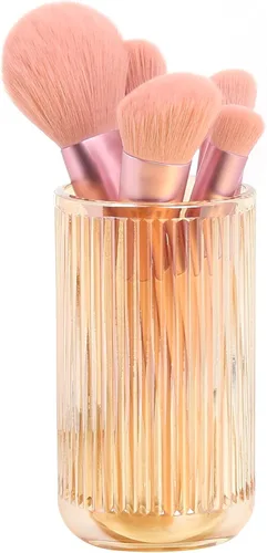 Vista 4 de Amber Glass Organizer Cup, Vintage Striped Brush & Pen Holder Thickened Crystal Glass, 2.84 x 5 Inch, Polished Safe Edges, Reinforced Base