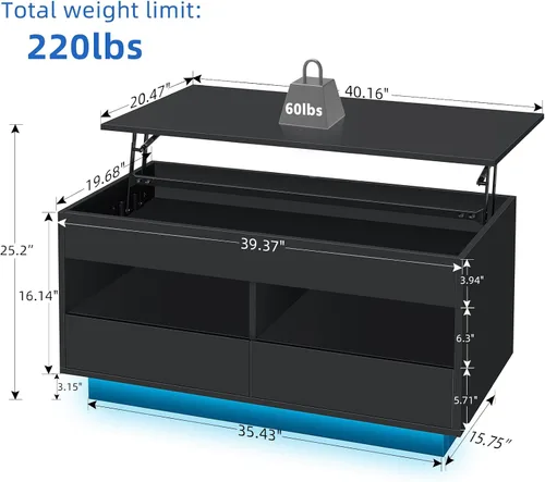 Vista 5 de HOMMPA Morden - Mesa de centro LED de 40 pulgadas con tapa elevable, color negro brillante, con almacenamiento oculto, sala de estar, mesa de té