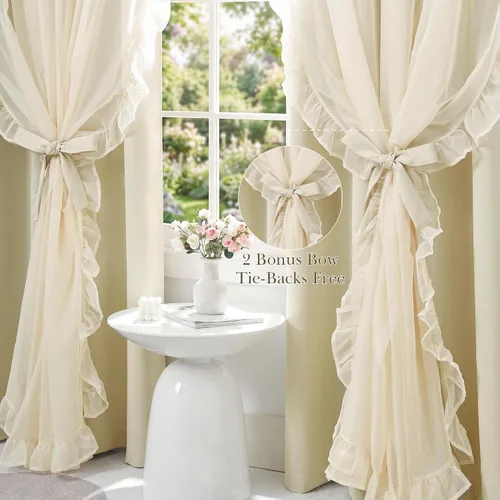Vista 4 de PONY DANCE 100% Blackout Beige Curtains for Bedroom, Double Layer Room Darkening Drapes with White Ruffle Sheer Overlay, Boho Living Room Decor