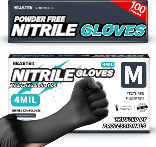 Vista 12 de Beastek Nitrile+™ 4 Mil Disposable Exam Gloves, Latex & Powder-Free Medical Food Safe Glove for Cooking Cleaning, Black 100Ct