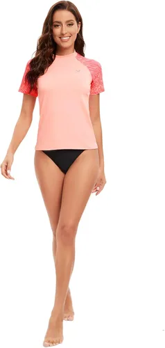 Vista 8 de HUGE SPORTS Camiseta de protección contra erupciones para mujer, manga corta, UPF 50+, para surf, natación, traje de baño, camiseta de entrenamiento