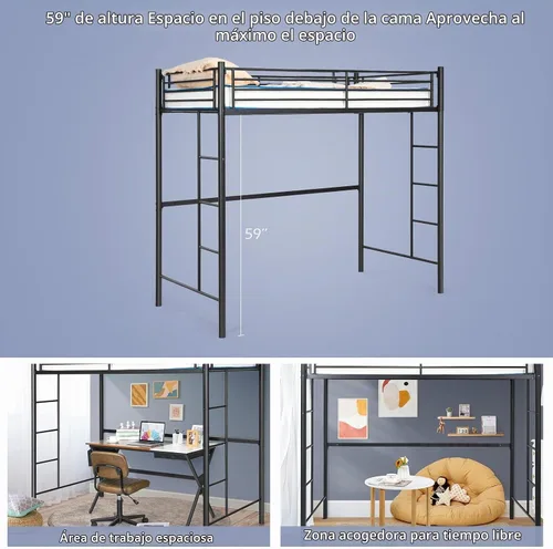 Vista 4 de GIANTEX - Cama alta de metal tamaño individual, marco de cama alta resistente con 2 escaleras, litera individual sobre loft con protector de Negro