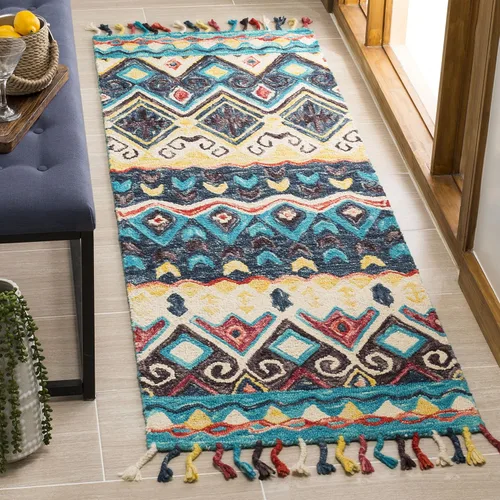 Vista 5 de SAFAVIEH Aspen Collection - Alfombra decorativa de 2 x 3 pies, azul y rojo, hecha a mano, lana trenzada con borlas, ideal para zonas de alto tráfico