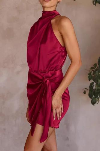 Vista 6 de PRETTYGARDEN Vestido corto formal de satén para mujer, vestido de verano sin mangas con cuello alto falso, lazo en la cintura, vestidos de fiesta