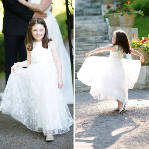 Vista 3 de A line Wedding Pageant Lace Flower Girl Dress with Belt