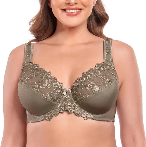 Vista 17 de TELIMUSSTO Brasier con aros de encaje floral de cobertura completa para mujer, talla grande, sin relleno, cómodo Beige