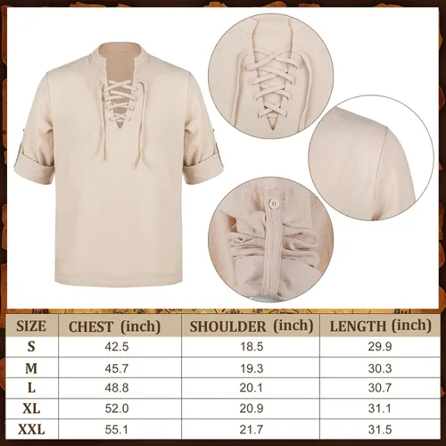 Vista 3 de Camisa medieval para hombre, banda al tobillo, pantalones, bolsa de cuero, brazalete vikingo, retro, renacentista, disfraz de Halloween