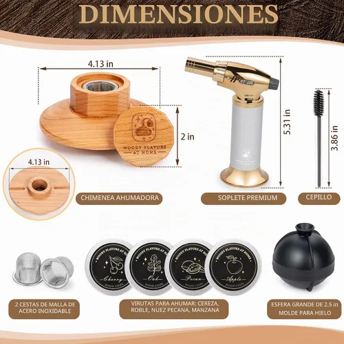 Vista 7 de Kit de ahumador de cócteles – Kit de camarero para ahumar bebidas con antorcha, moldes de hielo esfera, virutas de madera aromática – Kit