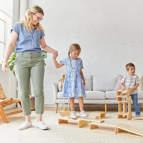 Vista 9 de ECR4Kids - Juego de bloques y arcos apilables de madera, juguetes Montessori, natural, 18 piezas