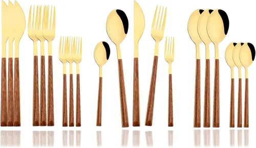 Vista 9 de JASHII Juego de cubiertos con mango de madera, 20 piezas de cubiertos de acero inoxidable, pulido con espejo, juego de cucharas y tenedores