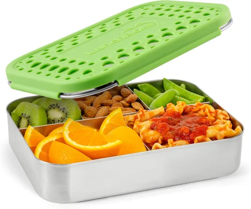 Vista 16 de LunchBots Recipiente de Almuerzo Grande Trio de Acero Inoxidable - Diseño de Tres Secciones para Sándwich y Dos Acompañamientos - Caja de Almuerzo
