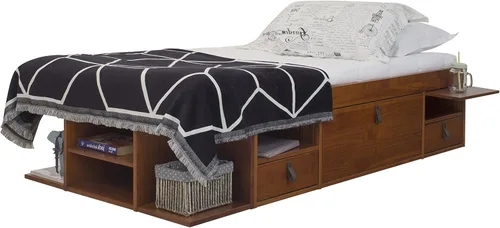 Vista 11 de Memomad Bali Set: Plataforma de almacenamiento con cajones + Cabecera con estantería (Tamaño individual, madera color marrón caramelo)