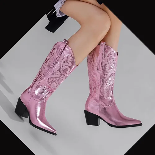 Vista 5 de CATISDRA Botas vintage para mujer, botas vaqueras salvajes occidentales, punta puntiaguda, tacón grueso, botas bordadas brillantes