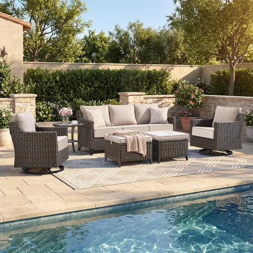 Vista 75 de Belord Sofá de patio exterior acolchado de 3 asientos de lujo de 6 pulgadas Cojín de mimbre marrón/beige de 6 pulgadas