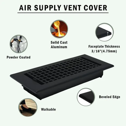 Vista 2 de Mosaico 4 x 10 "Apertura de conducto de suministro de aire de pared de Para PISO-NEGRO Sin Agujeros de Tornillo (PACK DE 1)