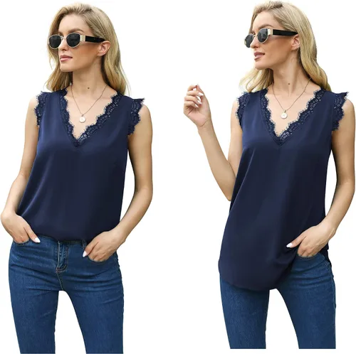 Vista 56 de VIISHOW - Camiseta sin mangas, sexy, con cuello en V y bordes de encaje para mujer, camisola de vestir, camisas de gasa, sin mangas, casuales