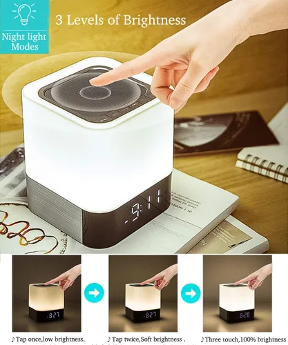 Vista 2 de Altavoz Bluetooth con luces nocturnas, reloj despertador inalámbrico Bluetooth, lámpara de noche con sensor táctil, luces nocturnas que cambian