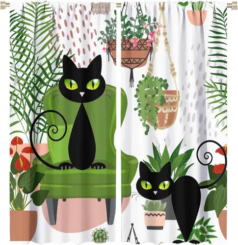 Vista 62 de Cortinas de estilo de mediados de siglo, diseño geométrico abstracto moderno, diseño retro, estampado de gato negro, para dormitorio, sala de estar