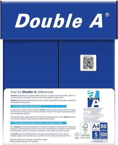 Vista 4 de Double A Papel de impresión A4 - 500 hojas - 80GSM- Dimensiones 8.3" x 11.7" - Blanco