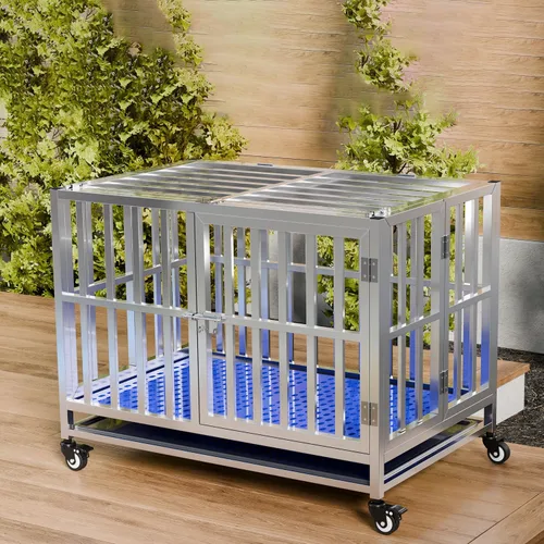 Vista 4 de Jaula plegable de acero inoxidable para perros, 30, 37, 42, 48 pulgadas, rueda con cerradura, con bandeja, apilable, resistente, divisor