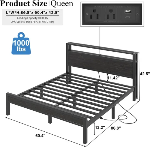 Vista 65 de LOEWAY Base de cama tamaño Queen con cabecero de almacenamiento y luces LED, color gris