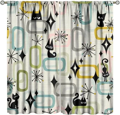 Vista 13 de Cortina de Ventana de Mediados de Siglo con Explosiones de Estrellas, Cortinas con Estampado de Inspiración Atómica para Sala de Estar Dormitorio