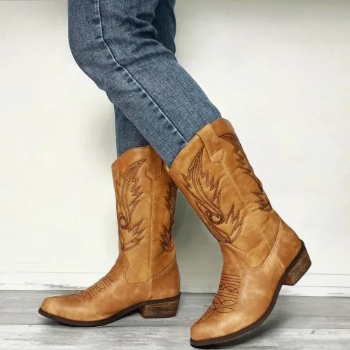Vista 9 de Botas vaqueras para mujer, punta puntiaguda, a media pantorrilla, zapatos de moda occidental