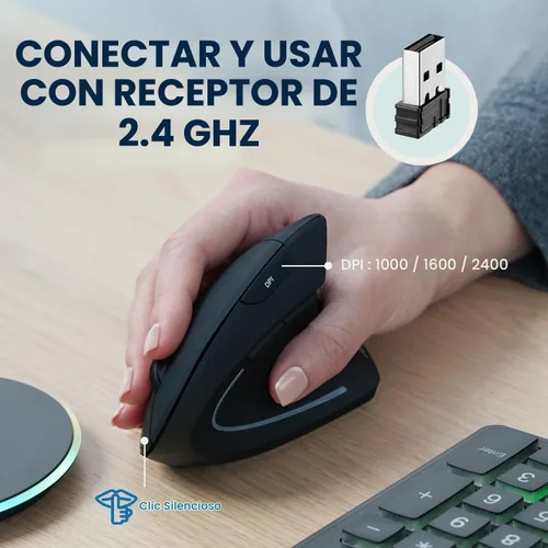 Vista 6 de Perixx PERIMICE-713RX - Ratón inalámbrico recargable vertical - Función de carga dual con cable y sin cable - Incluye base de carga - Diseño de 6