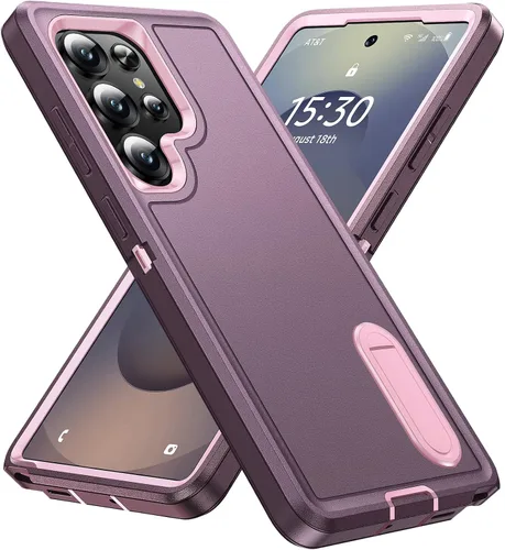 Vista 18 de BaHaHoues Funda protectora de grado militar para Samsung Galaxy S25 Plus con soporte integrado, a prueba de golpes y caídas (morado noche/rosa bebé)