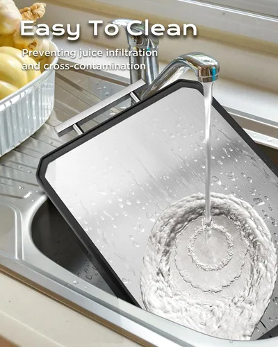 Vista 6 de Tabla de cortar de acero inoxidable SNOWCLAD, tablas de cortar de doble cara para cocina, tabla grande de acero inoxidable/paja de trigo PP
