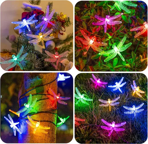 Vista 5 de 20 luces LED solares de libélula, 8 modos de luces de Navidad impermeables al aire libre, 10 pies alimentadas por energía solar, luces de libélulas